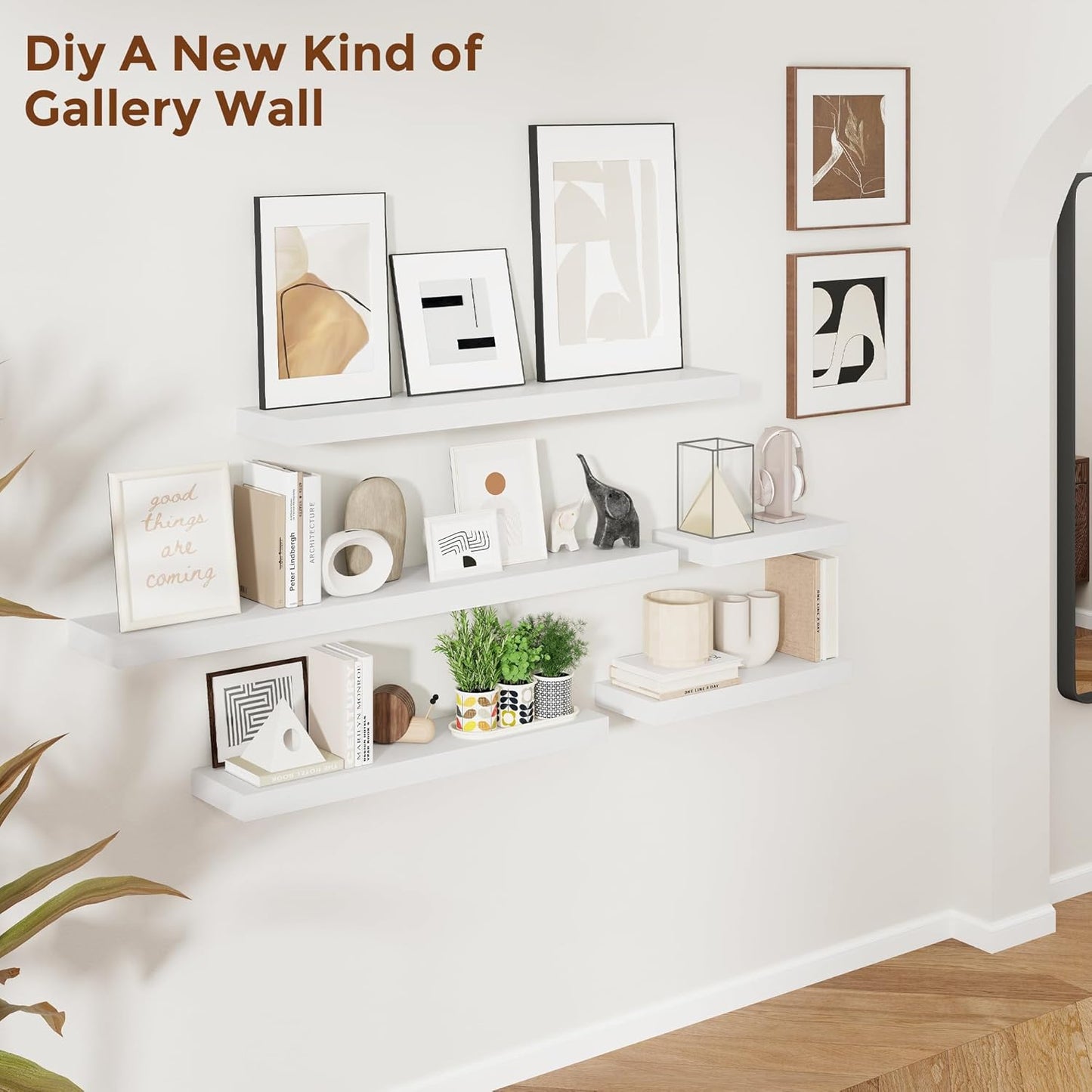 Heimlove 24 Inch Floating Shelves for Wall White Shelves Set of 2,Wall Mounted Rustic Wood 8 Inch Deep Floating Shelf with Invisible Brackets for Bedroom Kitchen Living Room