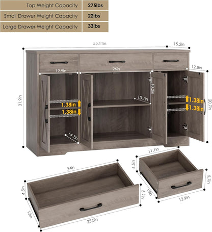 HOSTACK Buffet Sideboard Cabinet with Drawers, 55" Large Buffet Storage Cabinet with Shelves and Doors, Modern Farmhouse Coffee Bar Station for Kitchen, Dining Room, Ash Grey