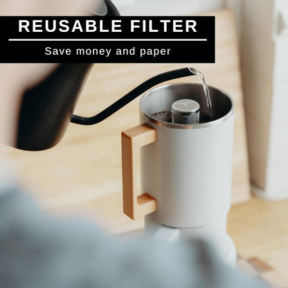 HASTINGS Pour Over Coffee Dripper - Stainless Steel Pour Over Coffee Filter, Metal Paperless Reusable Double Mesh Cone Filter with Wood Handle - Coffee Maker for Single Cup Brew up to 68 OZ (Grey)