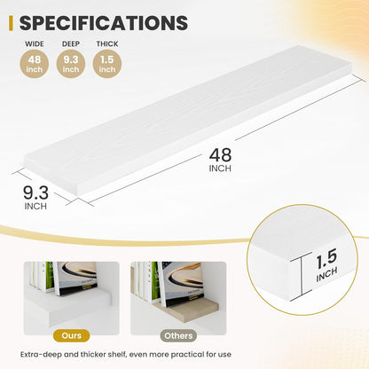 48 Inch Floating Shelves, 9.3" Deep Floating Shelf Wall Mounted, 48" Wall Shelves, Rustic Deep Bookshelf, Large Display Shelves & Storage Shelves for Bedroom, Living Room, White, Set of 1