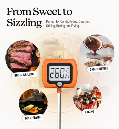 Digital Candy Thermometer with Pot Clip, 10" Long Stainless Steel Probe, Instant Read Kitchen Thermometer for Cooking, Baking, and Candy Making