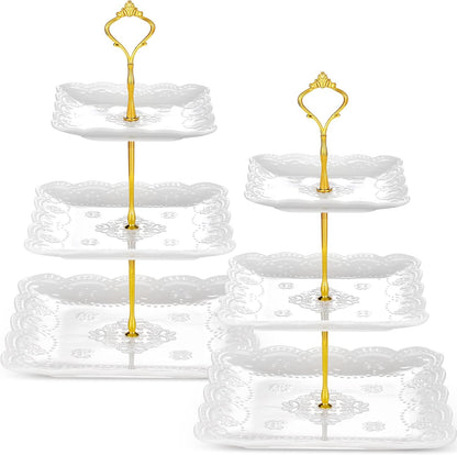 Tatuo 2 Pcs 3 Tier Porcelain Cupcake Stand, Cup Cake Holder Tower, Pastry Serving Elegant Dessert White Ceramic Tiered Stand for Wedding, Birthday, Tea Party(Lace Square Shape)