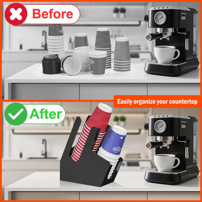 MYITYARD Coffee Station Organizer for Countertop, Acrylic Cup and Lid Dispenser Fit Disposable Paper and Plastic Cups, 2 Compartments Coffee Bar Accessories for Office Breakroom, Home, Kitchen