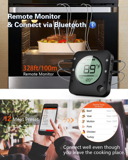 BFOUR Wireless Grill Thermometer, Bluetooth Meat Thermometer, Digital BBQ Meat Thermometer for Grilling Smoker Oven, Smart APP Alarm Monitor Instant Read with 4 Stainless Steel Probes