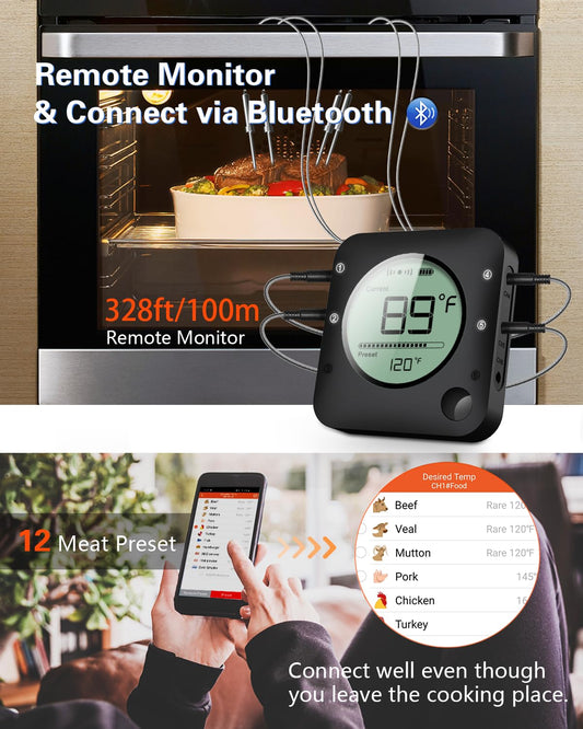 BFOUR Wireless Grill Thermometer, Bluetooth Meat Thermometer, Digital BBQ Meat Thermometer for Grilling Smoker Oven, Smart APP Alarm Monitor Instant Read with 4 Stainless Steel Probes