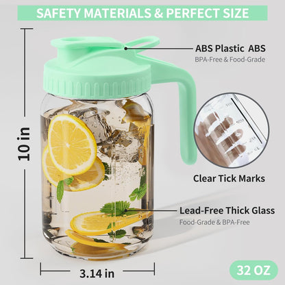 32oz Glass Pitcher with Lid &Pour Spout - 1 Quart Breastmilk Pitcher Double Leak Proof, Creamer Container for Sun Tea, Juice, Cold Brew Coffee, Breastmilk Storage Container -Green Lid