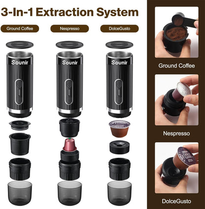 Portable Espresso Machine, Travel Coffee Maker for Camping, Outdoor, Office, Self Heating Type C Charger, NS Capsule & Ground Coffee, For Travel, Outdoor, Hiking, Office,(Dark Grey)