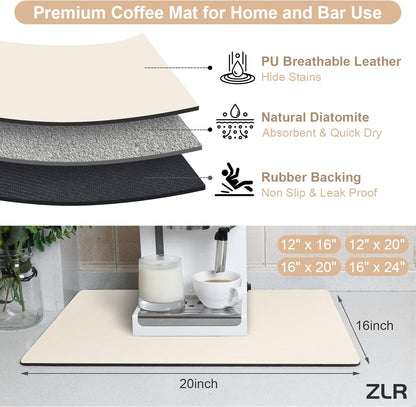 ZLR Coffee Mat - 16" x 20" Large Kitchen Hide Stain Absorbent Dish Drying Mat for Countertop - Easy to Clean Coffee Bar Mat for Espresso Machine and Spill Protection - Creamy