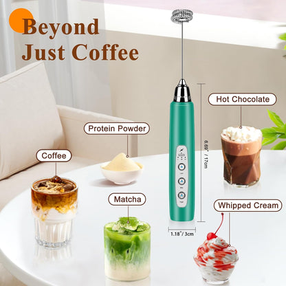 Milk Frother Handheld Rechargeable, Frother Wand Drink Mixer Electric Whisk for Coffee, Detachable With 3 Stainless Whisks, Hand Mixer for Lattes, Cappuccino, Matcha, Egg, No Stand, Green