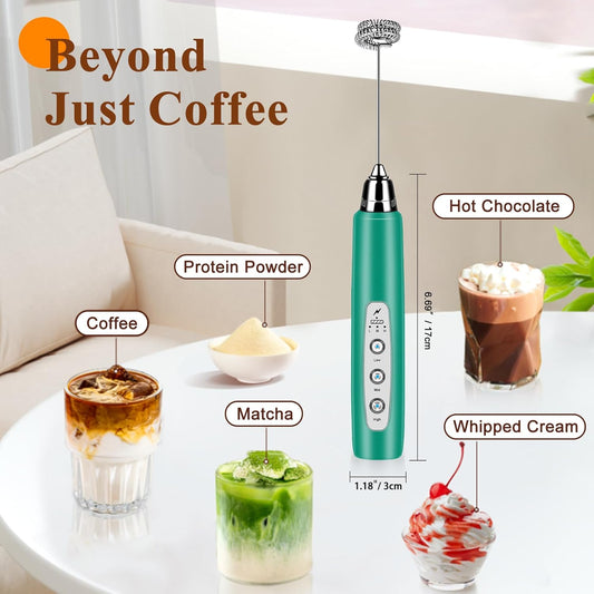 Milk Frother Handheld Rechargeable, Frother Wand Drink Mixer Electric Whisk for Coffee, Detachable With 3 Stainless Whisks, Hand Mixer for Lattes, Cappuccino, Matcha, Egg, No Stand, Green