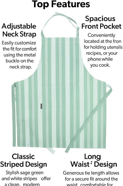 AMOUR INFINI Cotton Striped Aprons for Women with Pockets - Adjustable Strap and Waist Ties Printed Apron for Baking, Cooking, Gardening (27.5 x 33 Inches - Sage Green)