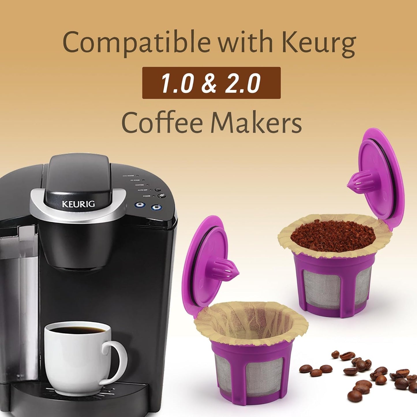 100 Count Natural Disposable Paper Coffee Filters with 2 Reusable K Cups Compatible with Keurig Brewers Single Serve 1.0 and 2.0