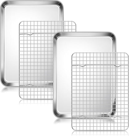 Quarter Sheet Pan with Wire Rack Set (2 Baking Sheets+2 Racks), Homikit Stainless Steel Baking Tray with Grid Cooling Rack for Toaster Oven Roasting, Metal Bacon Cookie Jelly Roll Pan, 12" x 10" Inch