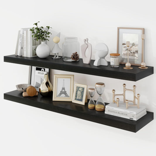 40 Inch Floating Shelves, 9.3" Deep Floating Shelf Wall Mounted, 40" Wall Shelves, Rustic Deep Bookshelf, Large Display Shelves & Storage Shelves for Bedroom, Living Room, Black, Set of 2