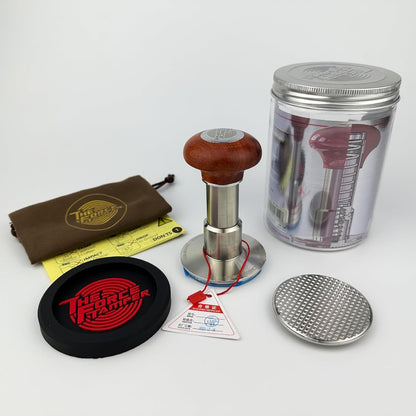 The Force Tamper Automatic Impact Adjustable Constant Pressure and Autoleveling Coffee Tamper Reddish Brown Jellyfish Wooden Handle Set Pro (Waffle-Set, 58.50mm)