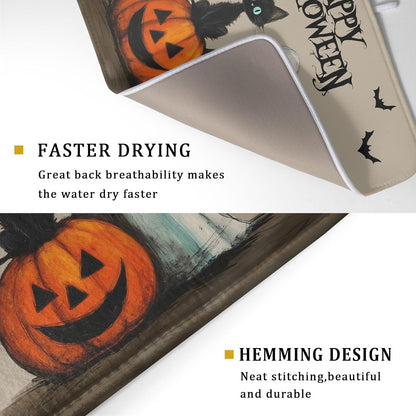 Happy Halloween Black Cat Ghost Dish Drying Mat for Kitchen Counter,Halloween Pumpkin Spiderweb Bat Drying Mat 18 x 24 Inch with High Absorbent Microfiber Drainer Mat for Coffee Bar