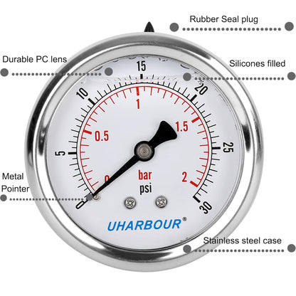 Glycerin Filled Low Pressure Gauge 30psi/2bar, Stainless Steel case, Brass Inside Construction, 2-1/2" dial, 1/4" NPT Back Connection…