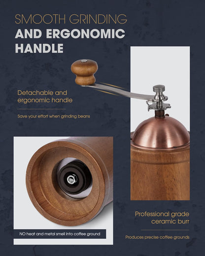 POLIVIAR Manual Coffee Grinder, Coffee Bean Grinder with Adjustable Ceramic Burr, Vintage Style Wooden Hand Coffee Grinder, Large Capacity Burr Coffee Grinder with Brush and Spoon (JX2022-CG20)