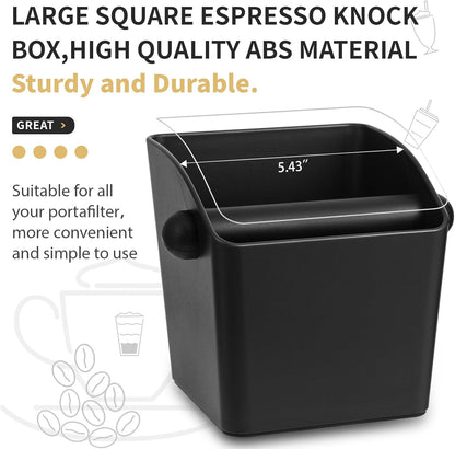 Large Square Knock Box Shock-absorbent Knock Box Espresso with Removable Knock Bar and Non-Slip Base Espresso Accessories for Home/Office (Large Black Knock Box with Tamper Mat)