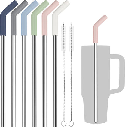 Tomorotec 6-Pack Morandi Colors Silicone Tip Stainless Steel Straws for 30oz Stanley Tumblers with 2 Cleaning Brushes, BPA-Free 10" Long Compatible with Adventure Quencher, Enhances Drink Enjoyment