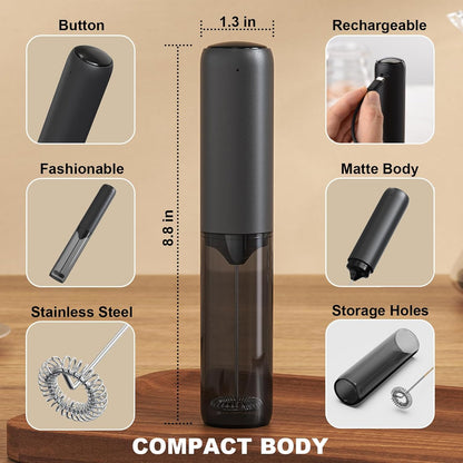 Rechargeable Milk Frother with Cover, Easy to Carry Drink Mixer Handheld, Electric Frother Wand for Coffee, Latte, Cappuccino, Frappe Drink, Hot Chocolate, Black