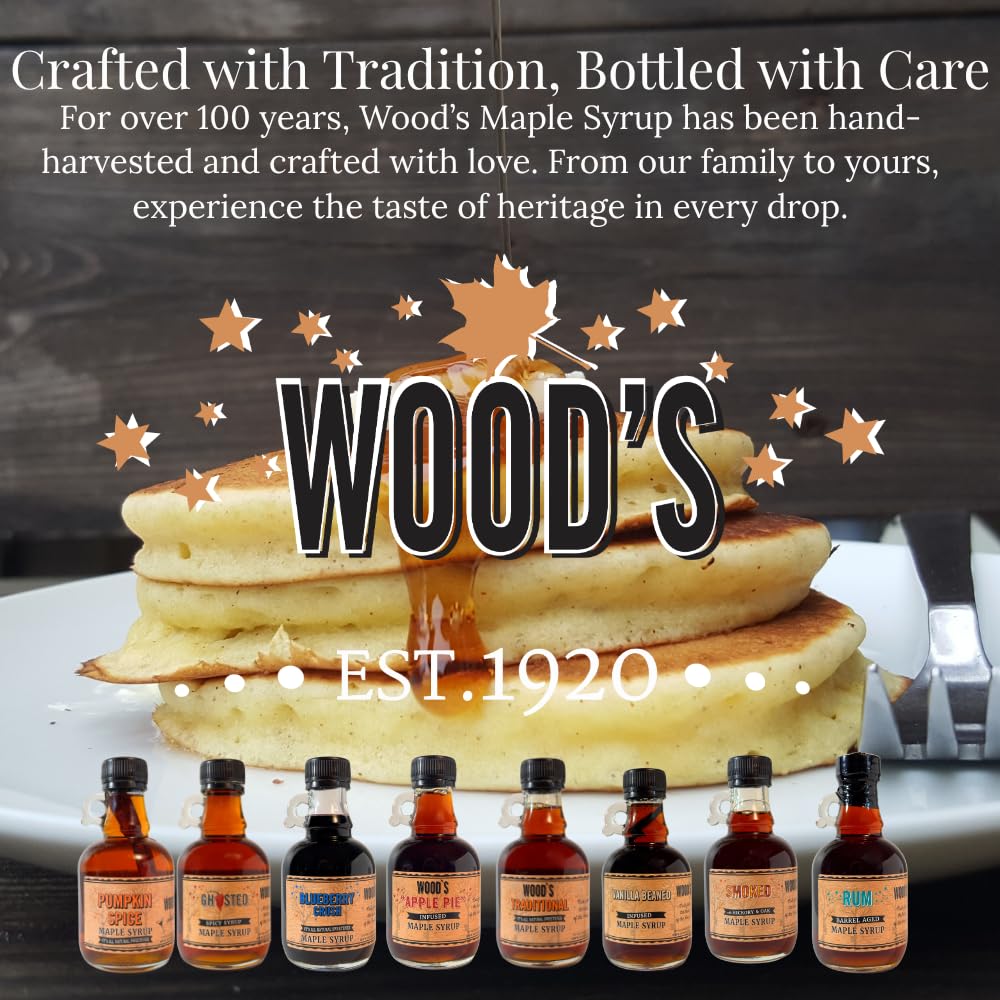 WOOD'S Blueberry Crush Maple Syrup – Small-Batch Vermont Maple Syrup Infused with Real Blueberry Flavor | All-Natural, Vegan Sweetener for Pancakes, Desserts, Cocktails & Baking | 8.45 Fl Oz (250mL)