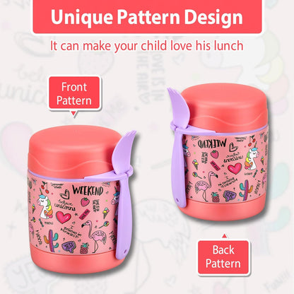 10oz Soup Thermo for Hot Food Kids,Lunch Thermo Kids Food Jar with Spoon Hot Insulated Food Containers,Leak Proof Stainless Steel Wide Mouth Lunch Food Thermo Jar for School(Pink-Flamingo)