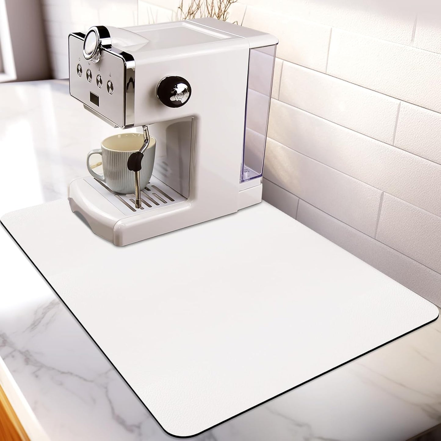 Matace Designer Coffee Bar Mat, Large 16 x 24 Inches, Rubber Backing, Absorbent Coffee Maker Mats for Dish Drying, Kitchen Countertop, Heat Resistant, Solid White