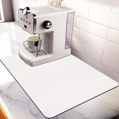 Matace Designer Coffee Bar Mat, Large 16 x 24 Inches, Rubber Backing, Absorbent Coffee Maker Mats for Dish Drying, Kitchen Countertop, Heat Resistant, Solid White