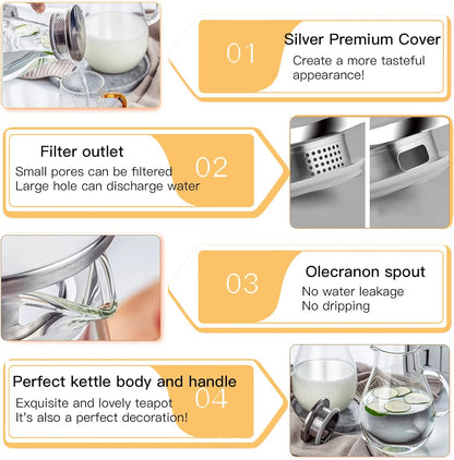 84.5oz Borosilicate Glass Teapot with 304 Stainless Steel Lid & Built-in Strainer, Stovetop & Microwave Safe Tea Kettle for Loose Leaf/Iced/Fruit/Herbal Tea, 2500ml Clear Pot