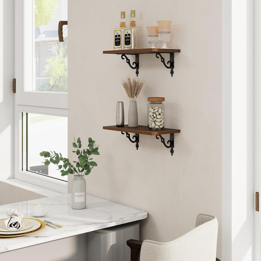 RICHFOCUS Floating Shelves for Wall Decor, 8 Inch Deep Shelves Set of 2, 16W x 8D Floating Shelves Wall Mounted with Metal Brackets, Rustic Wood Shelves for Living Room Bedroom Kitchen, Walnut