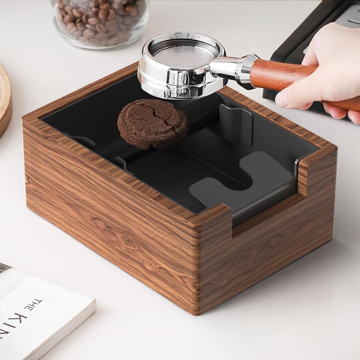 Espresso Knock Box, Coffee Knock Box with Durable Knock Bar and Non-Slip Base, Knock Box for Machine Accessories (Wooden Base)