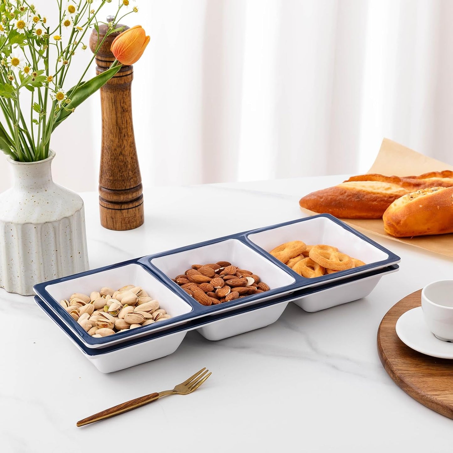 3-Section Divided Serving Trays, Talavera 14.75”x 6” Unbreakable Melamine Serving Platter for Serving Food, 3 Compartment Condiment Tray, Rectangular Condiment Server Set of 2