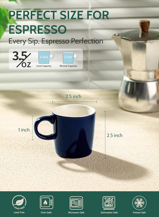 Sweese 3.5oz Porcelain Espresso Cups Set of 4, Mini Coffee Mugs Demitasse Cups - Navy