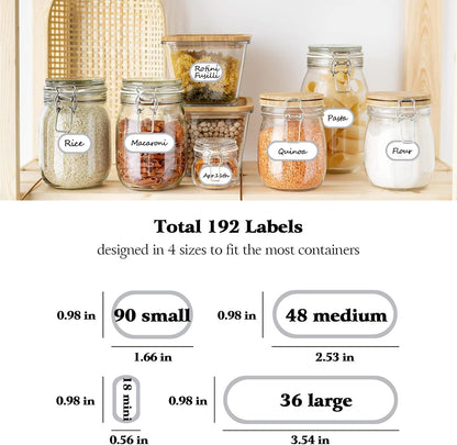 192pcs Labels for Jars Removable Waterproof Write-on Bottle Labels Stickers with Silver Border for Organizing Home Kitchen Pantry Food Storage Containers Spice Jars Jam Cannings, with Marker Pen