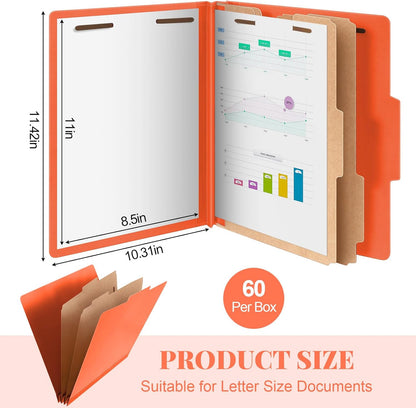 60 Pcs Classification Folders Letter Size, 2 Divider Pressboard File Folders with 3. 5 Inch Expansion, 2 Prongs Fastener, Heavy Duty Office File Organizers for Teachers, Medical (Orange)