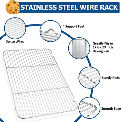 TeamFar Baking Sheet with Rack Set, Stainless Steel Baking Pan Cookie Sheet with Cooling Rack, Size 17.6 x 13 x 1inch, Non Toxic & Heavy Duty, Easy Clean & Dishwasher Safe