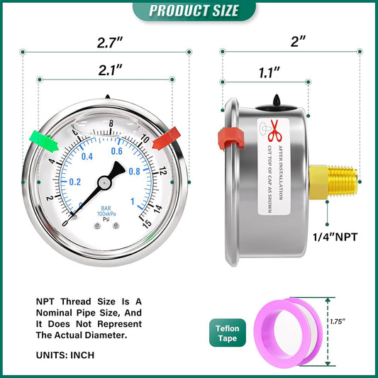 0-15psi Stainless Steel Glycerin Liquid Filled Pressure Gauge 1/4" NPT 2.5" Face Dial Center Back Mount, for Water, Oil and Air Pressure Testing (with Range Mark Pointer)