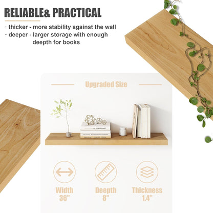 Floating Shelves for Wall, USA-Sourced Brich Wood 36 Inch Long Wall Shelves Set of 2, Natural Wooden Mounted Picture Ledge Shelf, Nursery Book Storage Shelf Kids Bookshelf, Display Shelf