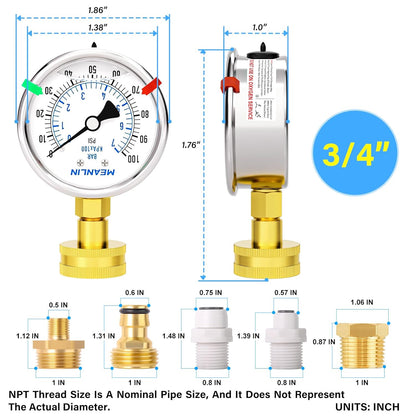 MEANLIN MEASURE 0~100Psi Stainless Steel Frame 3/4" Female Liquid Filled Pressure Gauge kit Plus 5 adapters, 2.5" FACE DIAL Multi-Purpose Pressure Gauge kit for Gardens, Water Pipes with 2PCS Snaps