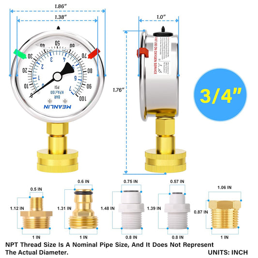MEANLIN MEASURE 0~100Psi Stainless Steel Frame 3/4" Female Liquid Filled Pressure Gauge kit Plus 5 adapters, 2.5" FACE DIAL Multi-Purpose Pressure Gauge kit for Gardens, Water Pipes with 2PCS Snaps
