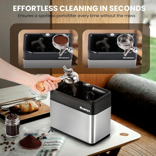 Huanyu Portafilter Cleaner Electric, 3L with Dual Brush Heads, 3 Scrapers for 58mm and 51mm Portafilters, Automatic Coffee Grounds Cleaning Machine