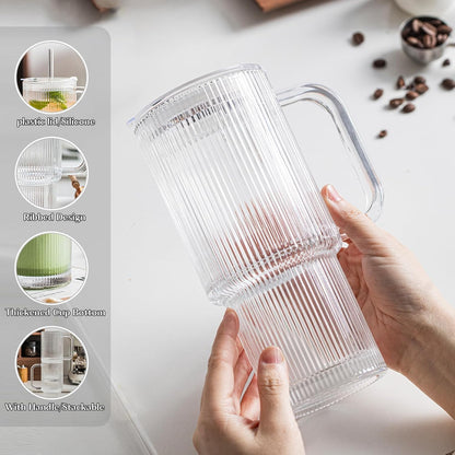 INSETLAN 26oz Ribbed Glass Tumbler with Handle & Lid – 2-Pack Large Iced Coffee Cups with Straws, Modern Glass Mug for Cold & Hot Beverages, Aesthetic Travel Cup for Smoothies, Tea, and Juice