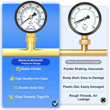 MEANLIN MEASURE 0-160Psi 2" DIAL FACE 1/8" NPT Well Pump Pressure Gauge, with 1/4" NPT and 3/8" NPT Hex Bushing, 3-2-3% Accuracy, Lower Mount