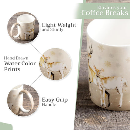 Maison d' Hermine Coffee Mug with Handles Fine Bone China Mugs Pack of Two Tea Cups for Hot Beverages Cappuccino Latte Home Restaurant Office Perfect for Gift (Deer In The Woods, 12 Ounce)