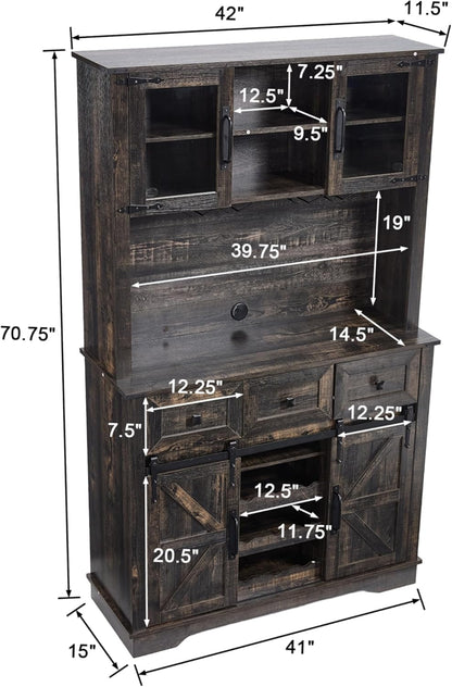 Coffee Bar Cabinet with Sliding Barn Doors 71'' Farmhouse Pantry Cabinet with Drawers & Wine Glass Rack Rustic Buffet Cabinet for Kitchen, Black