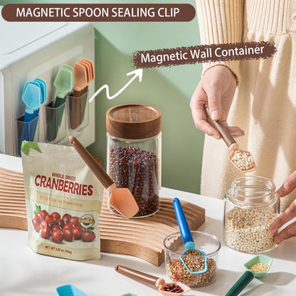 2 SET of 8 PCS Multi-functional sealing clip with measuring spoon Magnetic Coffee Measuring Spoon Sealing Clips with Wall Container Mount, PP materia, Deep Bowl Design (White)