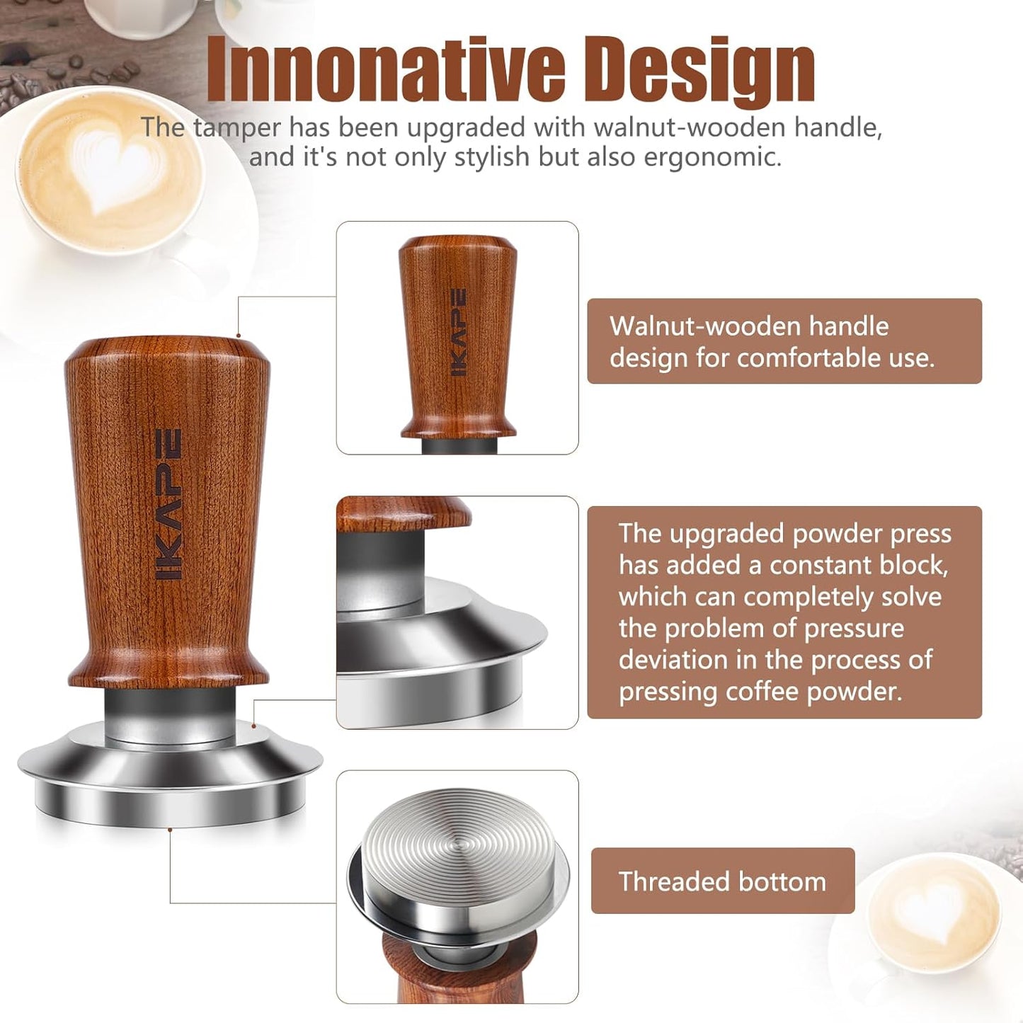 IKAPE 53.3mm Espresso Coffee Tamper, Spring-loaded Calibrated Tamper with Premium Stainless Steel, Newly Upgraded Walnut Tamper Compatible with 54 Breville Espresso Machine Bottomless Portafilter