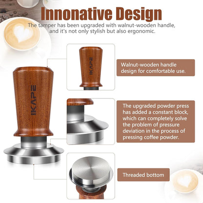 IKAPE 51mm Espresso Coffee Tamper, Spring-loaded Calibrated Tamper with Premium Stainless Steel, Newly Upgraded Walnut Tamper Compatible with All 51mm Espresso Machine Bottomless Portafilter
