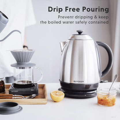 BUYDEEM K640 Stainless Steel Electric Tea Kettle with Auto Shut-Off and Boil Dry Protection, 1.7 Liter Cordless Hot Water Boiler with Swivel Base, 1440W,Retro Silver